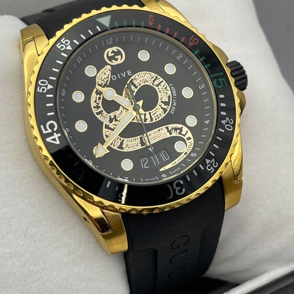 Gucci XL 45mm "BRAND NEW" Gold Snake Black Dial Rubber Band Swiss Watch YA136219 - Picture 2 of 8